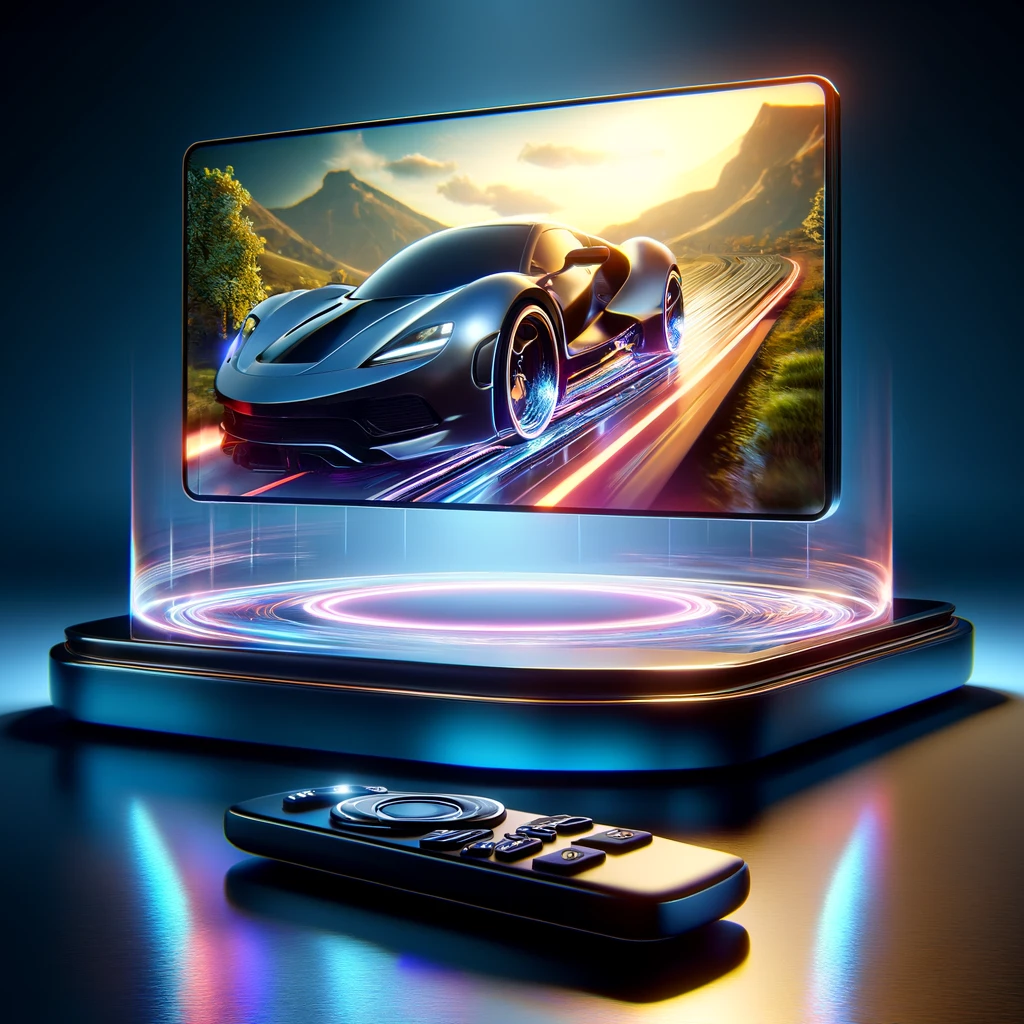 An image containing sports car inside a tv screen.